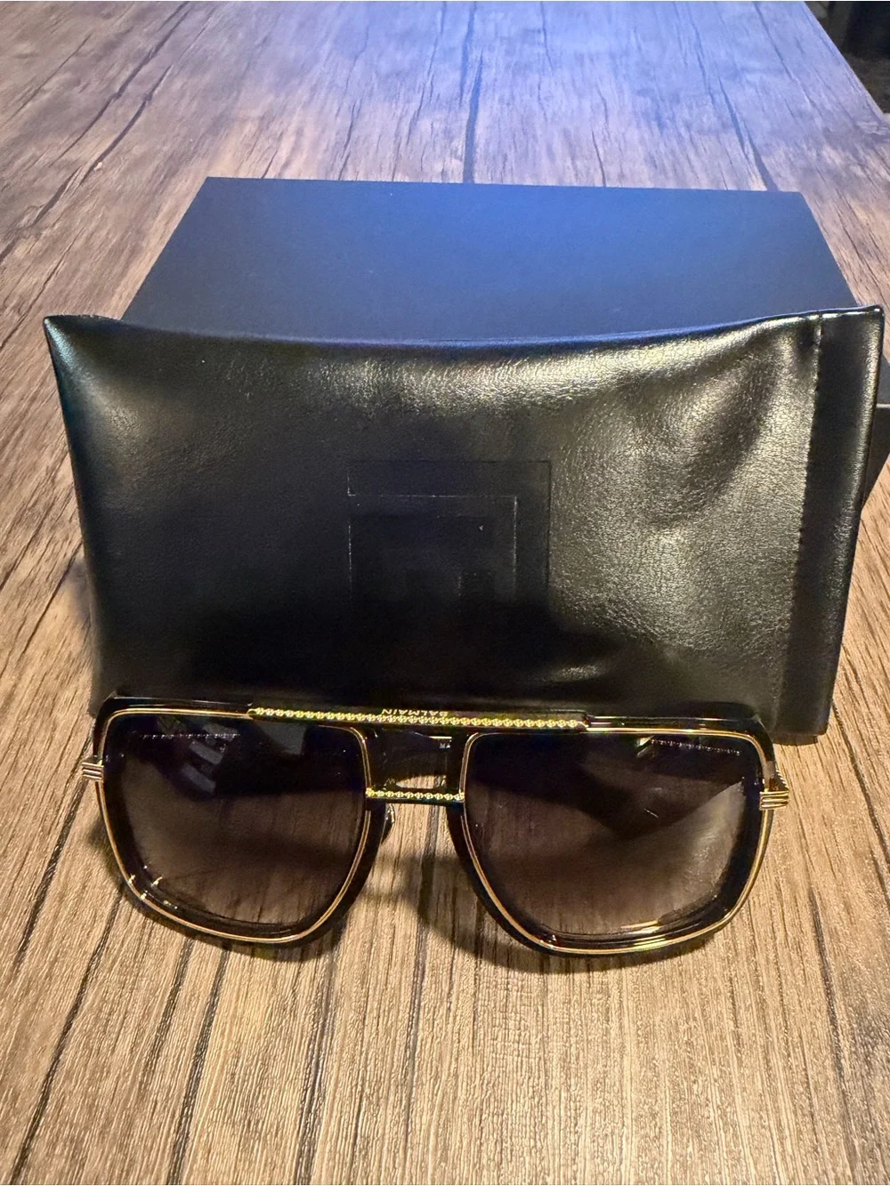 Balmain Black and Gold Oversized Square Sunglasses